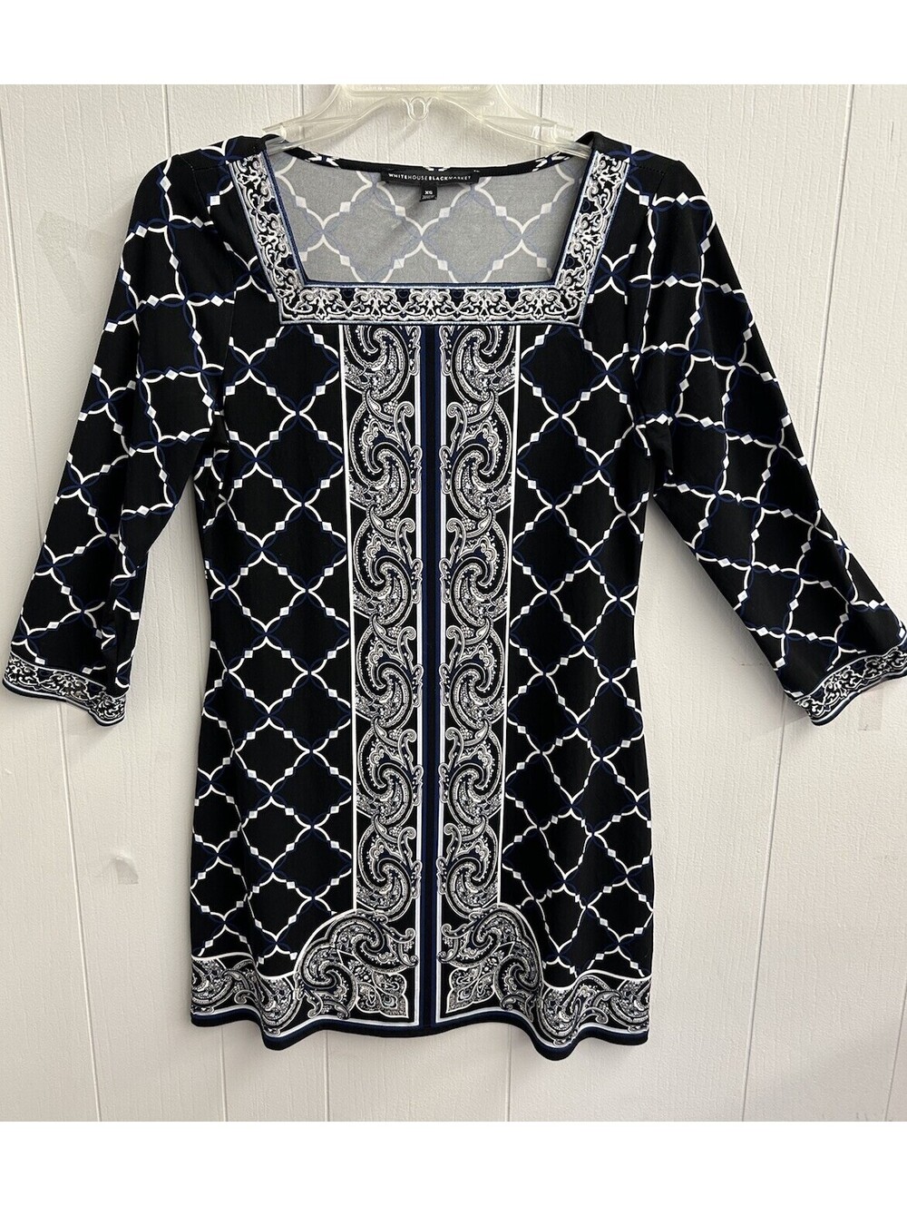 White House|Black Market Dress. Black Diamond Paisley. Embroidered Neck. XS NWOT